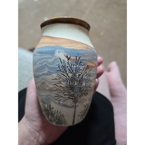 Vintage Sevierville TN Pottery Vase 5 in Tall Tree Swirl Blue Orange Scenery - Picture 1 of 5